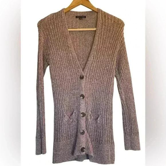 American Eagle Pink Gray Marled Chunky Knit Button Front Cardigan Medium Pockets - Picture 1 of 9